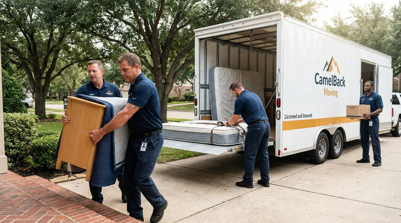 Crew loading residential truck for cross-state move from Huntington, NY