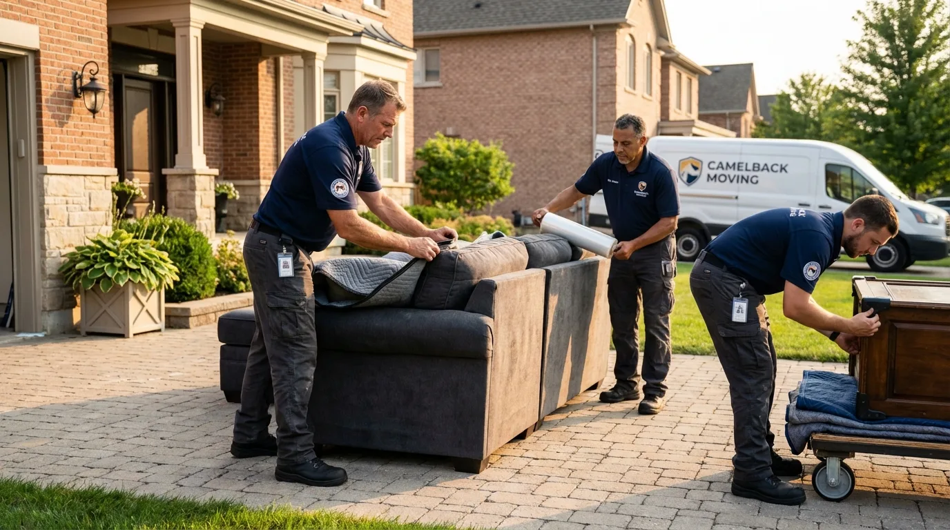 Large estate moving crew wrapping furniture in Huntington, NY