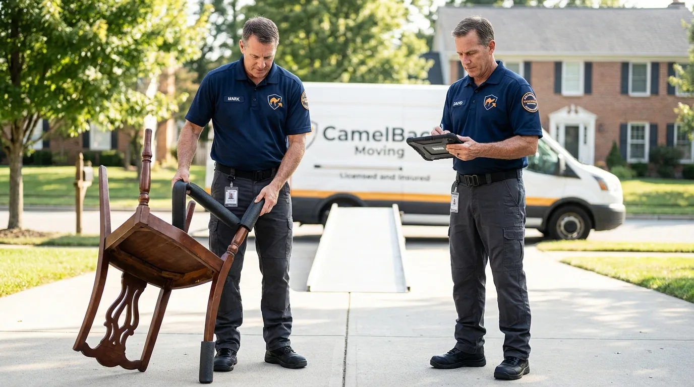 Movers inspecting furniture for damage prevention before loading in Huntington, NY