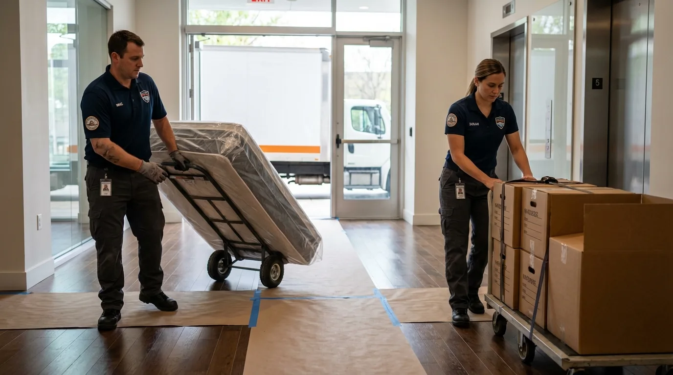Professional apartment movers loading elevator in Huntington, NY