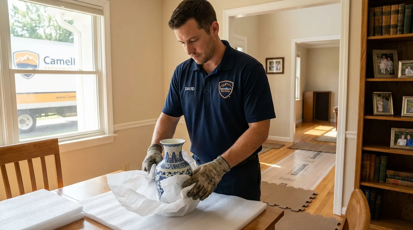 Professional crew carefully wrapping antique vase for senior downsizing move in Huntington, NY
